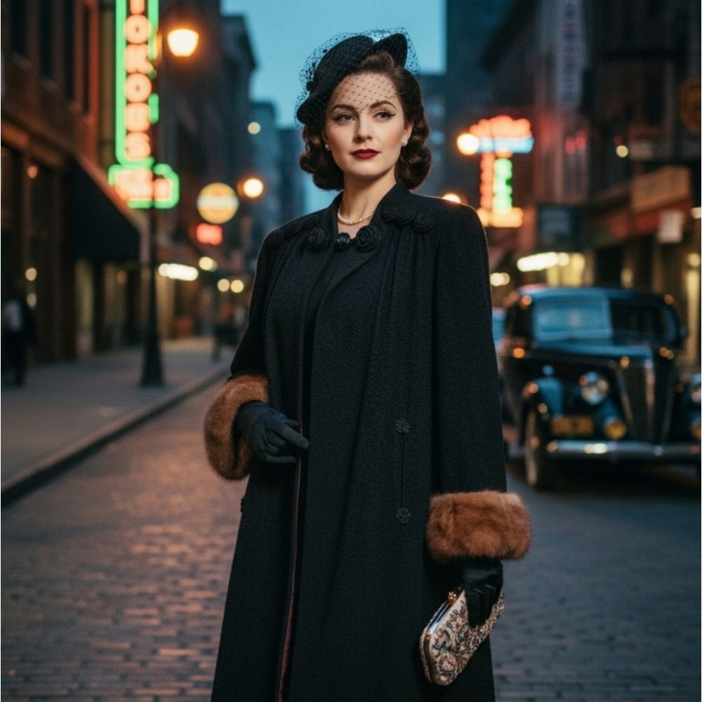 Vintage 1940s Black Swing Coat with Mink Cuffs & Couture Soutache Details